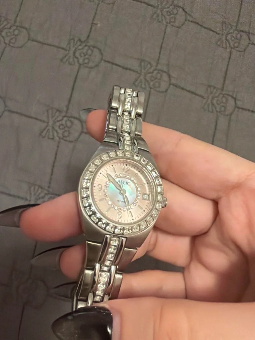 Relic Silver-Tone Bracelet Watch with Pink Dial and Crystal Accents